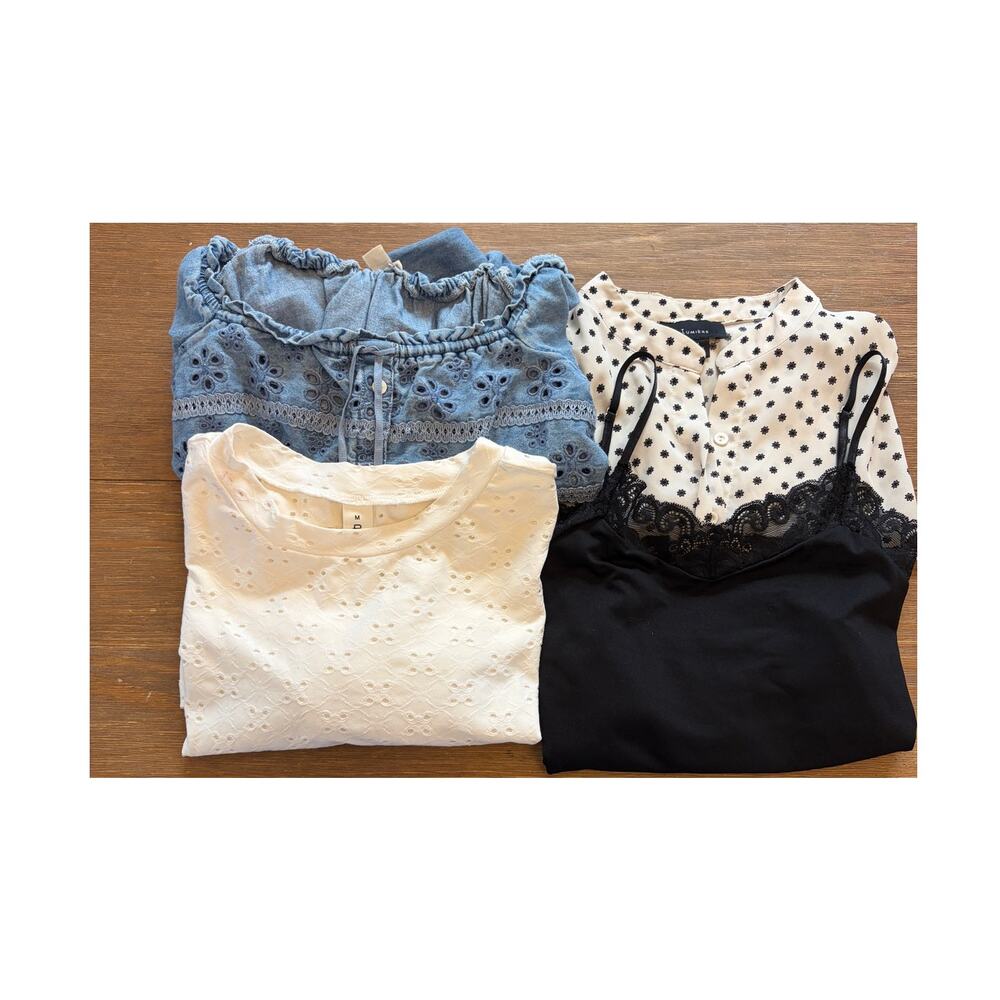 Women’s Boho Feminine Tops Bundle Eyelet Lace Satin Floral Mixed Brands Lot 4